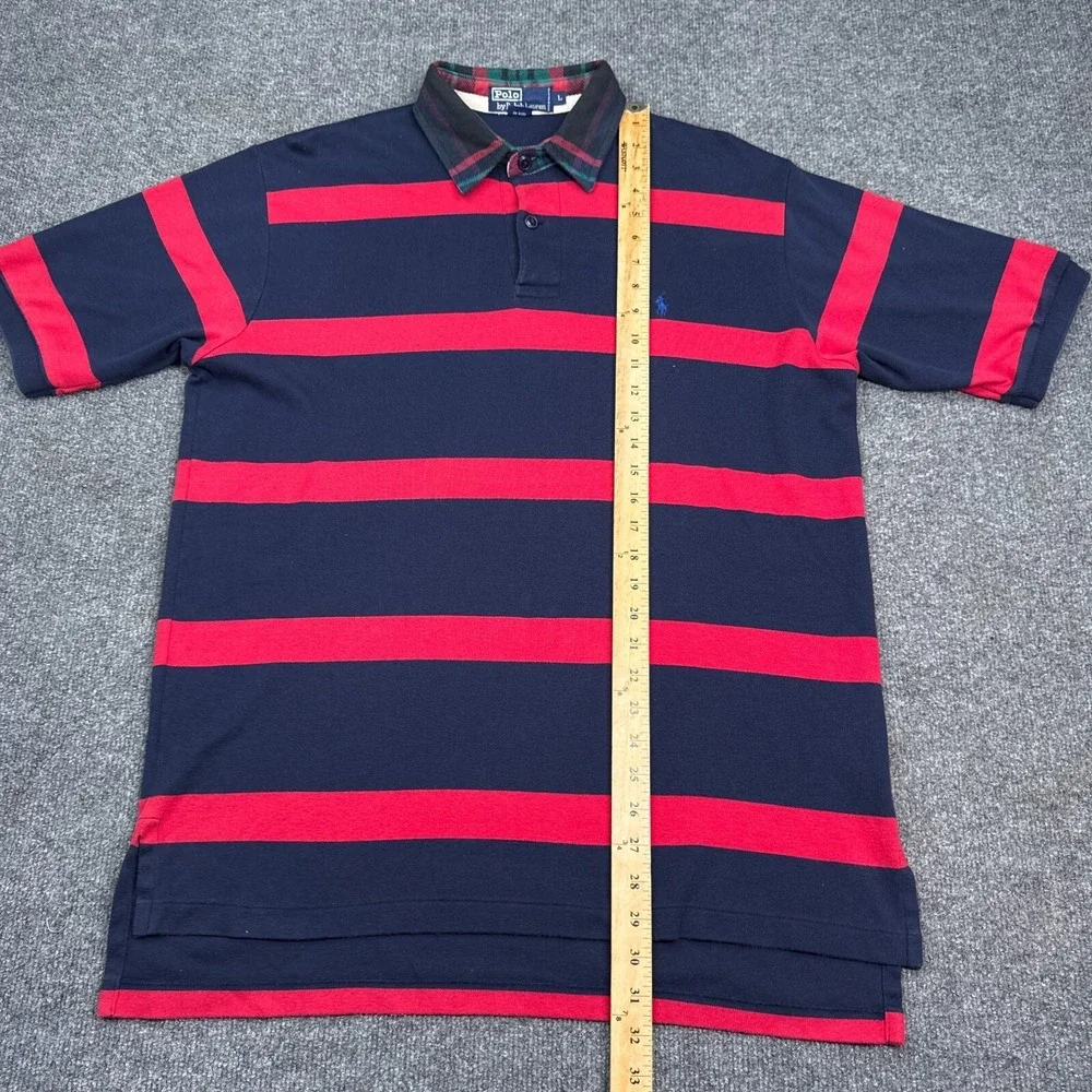 Vintage Ralph Laurn Polo Shirt Mens Size Large Flannel‎ Collar Blue Red Striped